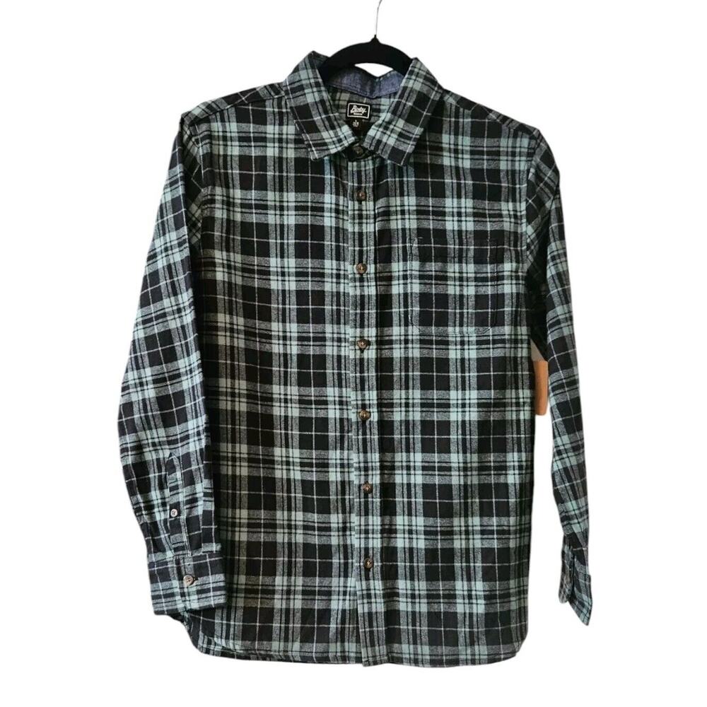NWT Bixby Boys Youth Large 12-14 Green Black Plaid Button Down Pocket